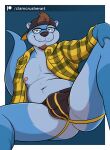  beard black_nose blue_body blue_fur brown_hair bulge butt clamcrusher clothing eyewear facial_hair flannel fur glasses green_eyes hair hat headgear headwear jockstrap looking_at_viewer lutrine male mammal mustelid nipples solo underwear 