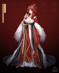  1girl absurdres arm_under_breasts breasts chinese_clothes cleavage closed_mouth full_body hair_ornament hanfu highres honkai_(series) honkai_impact_3rd large_breasts long_sleeves looking_at_viewer murata_himeko na2cl red_background red_hair smile solo yellow_eyes 