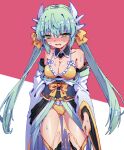 1girl arm_at_side arm_behind_back ass_visible_through_thighs bangs bare_shoulders bikini bikini_under_clothes blush bow breasts cleavage collarbone commentary cowboy_shot detached_collar embarrassed fate/grand_order fate_(series) frilled_bikini frills green_eyes green_hair hair_ornament hair_ribbon half-closed_eyes japanese_clothes kimono kiyohime_(fate) long_hair long_sleeves looking_down medium_breasts nose_blush obi off_shoulder open_clothes open_kimono open_mouth pee peeing peeing_self red_background ribbon rune_(pixiv_25170019) sash shiny shiny_hair shiny_skin sidelocks simple_background solo standing sweat swimsuit tears thighs twintails two-tone_background white_kimono wide_sleeves yellow_bikini yellow_bow yellow_ribbon 
