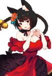  1girl :d animal_ear_fluff animal_ears azur_lane bangs bare_shoulders bell black_choker black_hair black_tail breasts cat_ears cat_girl cat_tail choker cleavage colored_inner_hair fang flower hair_flower hair_ornament hands_up heart heart_hands jingle_bell large_breasts mismatched_eyebrows multicolored_hair orange_flower pink_hair red_eyes short_hair simple_background skin_fang smile solo tail tail_bell tail_ornament tail_raised two-tone_hair white_background yamashiro_(azur_lane) yamashiro_(dressy_black_cat)_(azur_lane) youhei_64d 