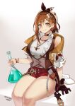  1girl absurdres artist_name atelier_(series) atelier_ryza atelier_ryza_3 belt beret bottle braid breasts brown_choker brown_eyes brown_gloves brown_hair choker cleavage closed_mouth erotanuki gloves gradient gradient_background grey_background hair_ornament hat highres holding holding_bottle large_breasts looking_at_viewer red_belt red_shorts reisalin_stout short_hair short_shorts shorts single_glove sitting smile solo star_(symbol) star_choker thick_thighs thighs white_headwear x_hair_ornament 