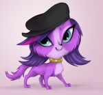  2013 beauty_mark bird_dog black_nose blue_eyes canid canine canis chest_tuft clothing collar digital_media_(artwork) domestic_dog female feral fur hair hasbro hat head_tuft headgear headwear hunting_dog littlest_pet_shop mammal mn27 purple_body purple_fur purple_hair signature simple_background smile solo spaniel tuft zoe_trent 