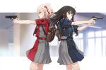  2girls back-to-back backpack bag bangs battle black_hair blonde_hair blue_dress blue_ribbon blue_skirt blurry blurry_background bob_cut brown_bag carrying_bag closed_mouth collared_shirt cowboy_shot dress from_side green_ribbon grey_dress grey_skirt grin gun hair_ribbon handgun holding holding_gun holding_weapon inoue_takina long_hair long_sleeves looking_away looking_to_the_side lycoris_recoil lycoris_uniform multiple_girls neck_ribbon nishikigi_chisato nyoro_(nyoronyoro000) pleated_skirt pointing_gun purple_eyes red_dress red_eyes red_ribbon red_skirt ribbon serious shirt short_hair skirt smile teeth two-tone_dress two-tone_skirt uniform weapon white_shirt 