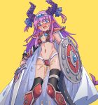  1girl armor armored_boots asymmetrical_legwear bangs bikini bikini_armor black_thighhighs blue_gemstone blue_ribbon blush boots bracer breasts brooch cape circlet commentary detached_collar ear_blush elizabeth_bathory_(fate) elizabeth_bathory_(fate/extra_ccc) embarrassed fate/grand_order fate_(series) gem groin hair_ribbon holding holding_shield holding_sword holding_weapon horns jewelry knee_boots long_hair navel nose_blush open_mouth pauldrons pointy_ears purple_hair purple_horns red_bikini red_footwear ribbon rune_(pixiv_25170019) shield shiny shiny_hair shoulder_armor sidelocks simple_background small_breasts solo standing stomach sweat swimsuit sword tears thighhighs thighlet thighs two_side_up uneven_legwear very_long_hair weapon white_cape wide-eyed yellow_background 