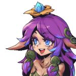  1girl :d animal_ears bangs bare_shoulders blue_eyes blue_flower blue_hair blush breasts collarbone flower hair_flower hair_ornament horse_ears league_of_legends lillia_(league_of_legends) long_hair medium_breasts multicolored_hair phantom_ix_row pink_hair portrait shiny shiny_hair simple_background smile teeth tongue twintails two-tone_hair upper_teeth white_background 