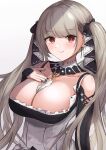  1girl absurdres azur_lane bare_shoulders between_breasts black_dress black_nails breasts cleavage clothing_cutout detached_collar dress earrings formidable_(azur_lane) frilled_dress frills grey_hair hair_ribbon hand_on_own_chest highres jewelry large_breasts long_hair nail_polish necktie necktie_between_breasts red_eyes remapack77 ribbon shoulder_cutout simple_background solo twintails two-tone_dress two-tone_ribbon upper_body white_background white_dress 
