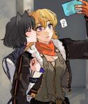  ! 2girls black_hair blake_belladonna blonde_hair closed_eyes fingerless_gloves gloves highres holding holding_phone jacket kiss kissing_cheek long_hair medium_hair multiple_girls naizo_(kimosugimasu) open_clothes open_jacket open_mouth orange_gloves phone purple_eyes rwby surprised yang_xiao_long yuri 