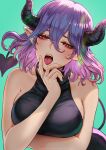 1girl arm_under_breasts artist_name bangs breasts demon_girl demon_horns demon_tail dress green_background hair_between_eyes hand_on_own_face highres horns kinsou_no_vermeil large_breasts looking_at_viewer magion02 medium_hair multicolored_hair open_mouth parted_lips patreon_username pink_hair pointy_ears purple_hair red_eyes signature simple_background sleeveless sleeveless_sweater sleeveless_turtleneck sleeveless_turtleneck_dress solo squinting sweater tail thighs tongue tongue_out turtleneck turtleneck_dress turtleneck_sweater two-tone_hair vermeil_(kinsou_no_vermeil) 