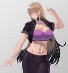  1girl abs artist_name black_hair black_jacket black_pants breasts grey_background highres hunyan jacket large_breasts light_brown_hair long_hair multicolored_hair muscular muscular_female navel original pants purple_eyes simple_background solo two-tone_hair very_long_hair 