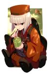  1girl bangs black_eyes blunt_bangs breasts cup disembodied_limb drinking_straw echo_(circa) fate/grand_order fate_(series) ghost_hands grey_hair hat japanese_clothes kimono long_sleeves looking_at_viewer red_headwear red_kimono sen_no_rikyu_(fate) shaded_face short_hair small_breasts solo tassel wide_sleeves 