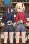  2girls :d aki99 arm_behind_back ass bangs bar black_hair black_shirt black_shorts black_socks blonde_hair blush clothes_lift grey_shorts grey_skirt hair_ribbon highres holding_hands indoors inoue_takina interlocked_fingers kneehighs kneepits lifted_by_self long_hair long_sleeves looking_at_viewer looking_back lycoris_recoil multiple_girls nishikigi_chisato open_mouth purple_eyes red_eyes red_ribbon red_shirt ribbon shirt short_hair shorts shorts_under_skirt skirt skirt_lift smile socks standing stool 