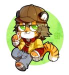  2017 anthro artist_logo asnnonaka bottomwear brown_body brown_bottomwear brown_clothing brown_fur brown_hair brown_hat brown_headwear brown_pants brown_stripes chibi closed_smile clothed clothing dated felid front_view full-length_portrait fur glistening glistening_hair green_eyes hair hat headgear headwear logo male mammal markings mouth_closed orange_body orange_fur pantherine pants portrait red_clothing red_topwear simple_background solo striped_markings striped_tail stripes tail_markings tiger topwear white_body white_fur yellow_clothing yellow_topwear 