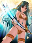  1girl bikini breasts earrings green_hair hanesaka_rio holding holding_sword holding_weapon jewelry large_breasts long_hair looking_at_viewer nail_polish necklace official_art orange_bikini red_eyes red_nails ring smile solo swimsuit sword weapon weapon_girls 