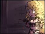  1girl arm_blade armor bangs bikini_armor black_border blonde_hair blood blood_on_face blood_on_weapon border breasts chibi cleavage commentary_request cowboy_shot drill_locks gauntlets guillotine_cross_(ragnarok_online) holding holding_knife knife large_breasts long_hair looking_afar love_morocc navel open_mouth pauldrons ragnarok_online red_armor red_pupils shoulder_armor shrug_(clothing) smile solo weapon 
