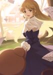  1girl blurry blurry_background blush brown_hair character_request copyright_request day gloves green_eyes highres lips long_hair long_sleeves looking_at_viewer narumi_nanami open_mouth outdoors smile solo tree white_gloves 
