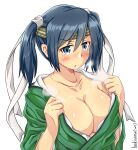  1girl blue_eyes blue_hair blush breasts cleavage collarbone from_side green_kimono hachimaki headband highres japanese_clothes kantai_collection kimono koutetunamekuji large_breasts simple_background solo souryuu_(kancolle) souryuu_kai_ni_(kancolle) twintails twitter_username undressing upper_body white_background 