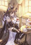 1girl absurdres animal_ear_fluff animal_ears ankle_boots bangs bare_shoulders belt belt_pouch black_dress black_footwear black_thighhighs blue_eyes boots breasts brown_hair closed_eyes closed_mouth cup curtains detached_sleeves dress food galleon_(granblue_fantasy) gloves granblue_fantasy hair_between_eyes high_heel_boots high_heels highres holding holding_cup huanghyy indoors large_breasts long_hair long_sleeves multicolored_hair pastry pelvic_curtain poi pouch saucer sitting smile solo streaked_hair table tea teacup teapot thigh_pouch thigh_strap thighhighs tiered_tray two-tone_hair very_long_hair white_gloves window wooden_floor wooden_table 