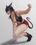  1girl abs animal_ears artist_name black_hair breasts cat_ears cat_girl cat_tail highres hunyan jewelry large_breasts navel original pendant smile solo tail yellow_eyes 