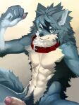  2019 abs anthro black_highlights black_lips black_nose body_hair canid canine canis cheek_tuft collar collar_only erection facial_tuft front_view genitals gradient_background grey_hair hair happy_trail hi_res highlights_(coloring) humanoid_genitalia humanoid_penis kiske_7key lips looking_at_viewer male mammal muscular muscular_male navel neck_tuft nude pecs penis raised_arm simple_background sitting smile solo spread_legs spreading teal_eyes tuft v-cut wolf 
