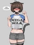  1girl ahoge aki_(snale) animal_ears bags_under_eyes blush breasts brown_eyes brown_hair cat_ears cat_tail choker collar crop_top english_commentary english_text glasses grey_background highres medium_breasts mega_milk meme meme_attire midriff nose_blush original outline raglan_sleeves short_hair short_shorts shorts snale solo speech_bubble stomach tail thighhighs white_outline 