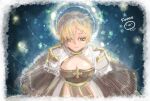  1girl arch_bishop_(ragnarok_online) bangs blonde_hair blue_background blurry bokeh breasts cleavage cleavage_cutout closed_mouth clothing_cutout commentary_request cowboy_shot cross depth_of_field dress expressionless hair_between_eyes juliet_sleeves long_sleeves looking_at_viewer love_morocc medium_breasts puffy_sleeves ragnarok_online short_hair solo two-tone_dress white_dress yellow_eyes 