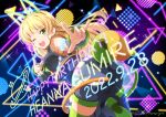  1girl animal_ears bangs birthday blonde_hair breasts character_name commentary detached_sleeves earrings english_text green_eyes happy_birthday heanna_sumire highres jewelry long_hair looking_at_viewer love_live! love_live!_superstar!! medium_breasts musashiya_chougenbou one_eye_closed short_shorts shorts smile solo tail thighhighs vitamin_summer! 