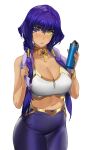  1girl alternate_costume bangs bare_arms blush bottle breasts candace_(genshin_impact) cleavage cowboy_shot crop_top cross genshin_impact gold_trim hair_tubes heterochromia high-waist_pants highres holding holding_bottle ja_mong jewelry large_breasts lips looking_at_viewer navel neck_ring pants parted_lips purple_eyes purple_hair purple_pants short_hair_with_long_locks sidelocks simple_background solo sports_bra stomach sweat thighs towel towel_around_neck water_bottle white_background white_sports_bra yellow_eyes yoga_pants 