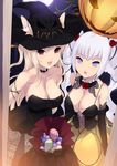  animal_ears bare_shoulders blonde_hair breasts cait candy cleavage ears_through_headwear food halloween hat highres jack-o'-lantern large_breasts long_hair multiple_girls original pumpkin red_eyes silver_hair twintails witch_hat 