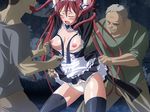  airi airi_(queen's_blade) arms_up black_legwear black_thighhighs blush breasts closed_eyes eyes_closed long_hair maid nipples open_mouth panties queen&#039;s_blade queen's_blade rape red_hair skirt skirt_lift ss-brain tentacle tentacles thighhighs twintails underwear undressing white_panties 
