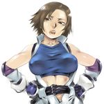  bad_id bad_pixiv_id belt breasts brown_eyes brown_hair covered_nipples elbow_gloves gloves hands_on_hips heisa kazama_asuka large_breasts open_mouth shirt short_hair simple_background solo taut_clothes taut_shirt tekken upper_body 