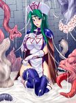  bb breasts cum cum_in_hair cum_on_clothes cum_on_hair cum_pool green_hair huge_tongue large_breasts monster original rindou_(radical_dream) rindou_aya tentacle tentacles thighhighs 