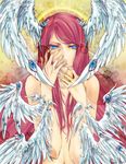  blazblue blood blue_eyes head_wings nude pink_hair ruaki solo tears tsubaki_yayoi wings 