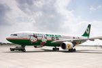  airbus_a330 airliner airplane airport car eva_air hello_kitty motor_vehicle no_humans outdoors photo real sanrio sky tarmac 