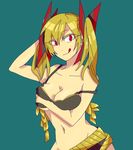  bare_shoulders bikini blonde_hair bow breast_hold breasts cleavage female gijinka hair_bow hand_on_head haxorus licking moemon navel ononokusu personification pokemon pokemon_(game) pokemon_black_and_white pokemon_bw red_eyes short_hair simple_background solo swimsuit tongue twintails 