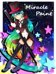  aqua_eyes aqua_hair bow fishnets hair_bow hat hatsune_miku long_hair magician magician_(module) miracle_paint_(vocaloid) one_eye_closed paintbrush ponytail project_diva project_diva_(series) smile solo thighhighs top_hat very_long_hair vocaloid 