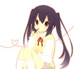  bad_id bad_pixiv_id black_hair brown_eyes food heart heart_of_string highres k-on! kinako_(mai1112) long_hair nakano_azusa neck_ribbon pocky red_ribbon ribbon school_uniform solo twintails 