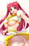  ass blush bow breasts brown_eyes cosplay crop_top cure_sunshine cure_sunshine_(cosplay) heartcatch_precure! kousaka_tamaki large_breasts long_hair magical_girl midriff open_mouth panties precure red_hair skirt skirt_lift smile solo to_heart_2 twintails ueyama_michirou underboob underwear white_background white_panties wind wind_lift yellow_bow yellow_skirt 
