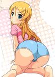  all_fours ass barefoot blue_eyes casual feet foreshortening frown k10k kousaka_kirino long_hair looking_back orange_hair ore_no_imouto_ga_konna_ni_kawaii_wake_ga_nai short_shorts shorts solo trefoil zoom_layer 