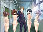  4girls ass blue_hair breasts brown_hair clothed_male_nude_female day furukawa_yui hair_ribbon hanamiya_nagisa harem hasekura_airi highres kuroya_shinobu long_hair looking_back medium_breasts misaki_kurehito multiple_girls necktie nipples nude osafune_kenny_eitarou ponytail ribbon sasaki_kaori short_hair silver_hair small_breasts third-party_edit ushinawareta_mirai_wo_motomete 