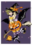  bad_id bad_pixiv_id bat bat_wings blonde_hair broom candy cat copyright_request fang food halloween happy_halloween hat jack-o'-lantern no_panties pumpkin purple_background purple_eyes sanbasou short_hair solo striped striped_legwear thighhighs wings witch_hat wrist_cuffs 