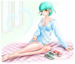  aqua_hair barefoot bed bottomless breasts cleavage fang feet gardevoir gen_3_pokemon heart highres jewelry medium_breasts miharin naked_shirt necklace personification poke_ball pokedex pokemon shirt solo yellow_eyes 