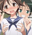  animated animated_gif breast_grab breasts brown_hair francesca_lucchini gif grabbing green_hair grope groping miyafuji_yoshika strike_witches 