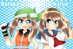  2girls bandanna blue_eyes brown_hair haruka_(pokemon) headband narue_(character) pokemon sapphire_(pokemon) schoolgirl the_world_of_narue watermark 