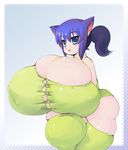  animal_ears blue_eyes blush bursting_breasts cat_ears cleavage curvy fang gigantic_breasts huge_ass impossible_shirt kleinz neko open_mouth original plump pony_tail purple_hair thick_thighs thighhighs thighs wide_hips 