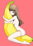  bad_id bad_pixiv_id banana barefoot blush breasts brown_hair copyright_request cushion food fruit holding holding_food holding_fruit legs long_hair medium_breasts megumi_choco nude on_banana one_eye_closed panties pillow red_eyes side-tie_panties sideboob simple_background solo topless underwear untied 