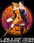  alternate_costume bare_shoulders black_legwear blonde_hair blue_eyes blue_hair breasts closed_eyes dress elbow_gloves gaap gloves halloween hat hime_cut holding_hands jack-o'-lantern large_breasts long_hair mini_hat mini_top_hat multiple_girls orange_skirt pumpkin saya6382 skirt star strapless strapless_dress striped striped_legwear thighhighs top_hat umineko_no_naku_koro_ni virgilia witch_hat zettai_ryouiki 