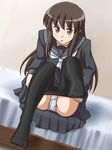  bed black_eyes brown_hair dressing feet lielos long_hair original panties pantyhose pantyhose_pull pantyshot pantyshot_(sitting) school_uniform sera_haruna serafuku sitting solo underwear 