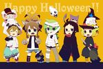  2girls 3boys ahoge bag bel_(pokemon) bell_(pokemon) black_eyes black_hair blonde_hair blue_eyes bracelet broom brown_hair cheren_(pokemon) chibi choroneko closed_eyes costume english eyes_closed fangs glasses green_eyes green_hair halloween hat hitomoshi jewelry monozu multiple_boys multiple_girls mummy n_(pokemon) open_mouth pokemon pokemon_(game) pokemon_black_and_white ponytail pumpkin shorts simple_background top_hat touko_(pokemon) touya_(pokemon) vampire vanipeti vest werewolf white_(pokemon) witch 