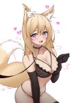  1girl :d absurdres animal_ear_fluff animal_ears bare_shoulders black_collar black_gloves black_panties black_thighhighs blonde_hair blue_eyes blush breasts cleavage collar collarbone commentary ear_piercing elbow_gloves english_commentary extra_ears fang fox_ears fox_girl fox_tail gloves groin hair_between_eyes hand_up heart heart-shaped_pupils highres large_breasts leash long_hair looking_at_viewer motion_lines navel open_mouth original panties parfait_desu piercing pov red_eyes simple_background sitting smile solo symbol-shaped_pupils tail teeth thighhighs underwear upper_teeth vanica_(parfait_desu) white_background 