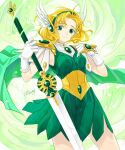  1girl absurdres antenna_hair blonde_hair closed_mouth cowboy_shot dress gem gloves green_dress green_eyes green_gemstone green_hairband hair_intakes hairband highres holding holding_sword holding_weapon hououji_fuu long_hair looking_at_viewer magic_knight_rayearth pinafore_dress shiny shiny_hair short_dress signature sleeveless sleeveless_dress smile solo standing sword underbust wata_miya_(shiro_momen) weapon white_gloves 